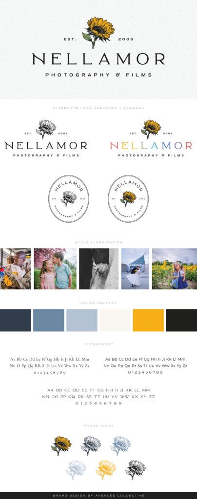 Image is of a brand board created for photography brand design guide for Nellamor Photography and Films. This brand was designed by photography website designer, Avenlee Collective, and includes all of the pieces for a complete professional photography brand, including a custom logo, font, image inspiration, color palette, typography and icons. 