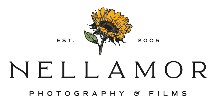 Image is of a professional photography logo design created for Nellamor Photography and Films by website designers, Avenlee Collective. The image features a hand drawn sunflower icon in color with the text, "Est. 2005" surrounding the sunflower and "Nellamor" in large all caps modern serif font, and "photography and films" in smaller all caps modern serif font. 